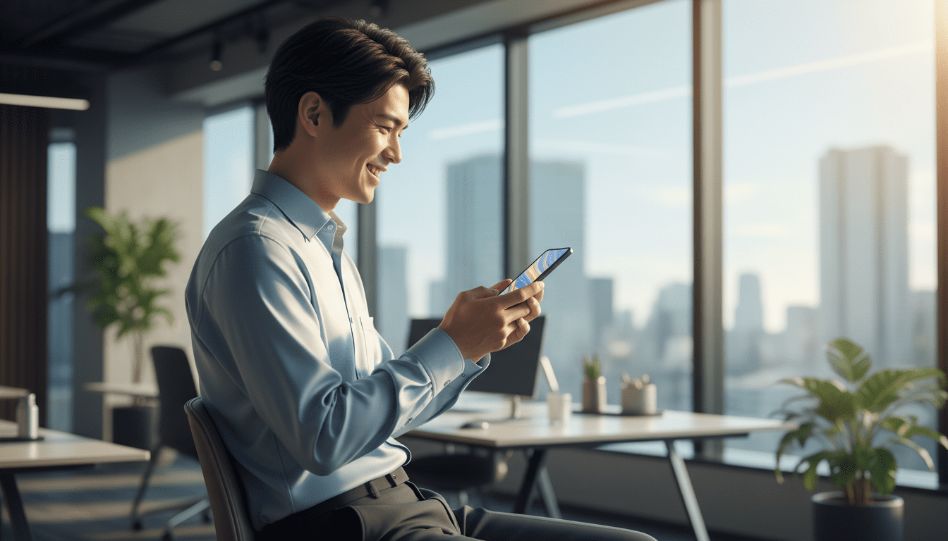신NISA. 도쿄의 현대적인 사무실에서 스마트폰 화면을 만족스러운 표정으로 바라보는 젊은 아시아 남성의 옆모습, 영화 같은 조명, 얕은 심도,