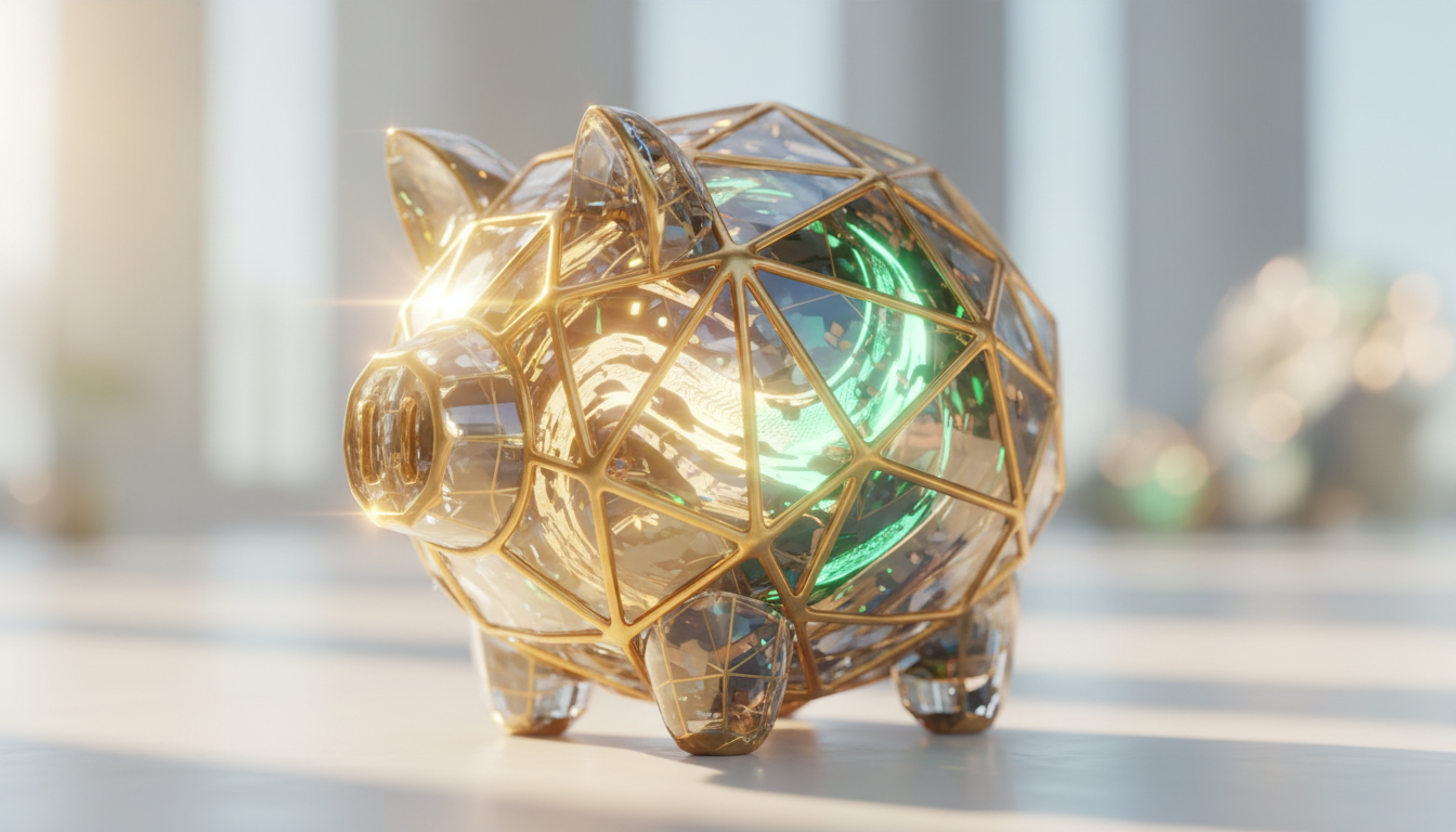 금빛과 초록빛이 감도는 최첨단 디지털 금고 또는 저금통 컨셉의 클로즈업, 안전한 자산 증식의 추상적 표현, 매크로 사진, 미래지향적 스타일.