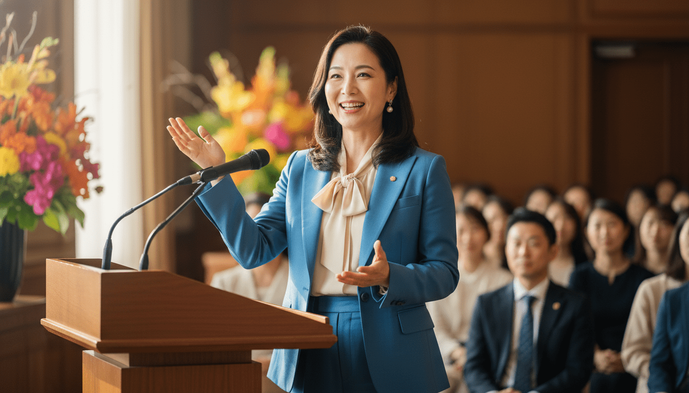 연단에서 연설하는 일본 금융 전문가 또는 정부 관계자의 에디토리얼 인물 사진, 흐릿한 배경, 전문적인 복장, 자신감 있는 제스처, 부드러운 조명.
