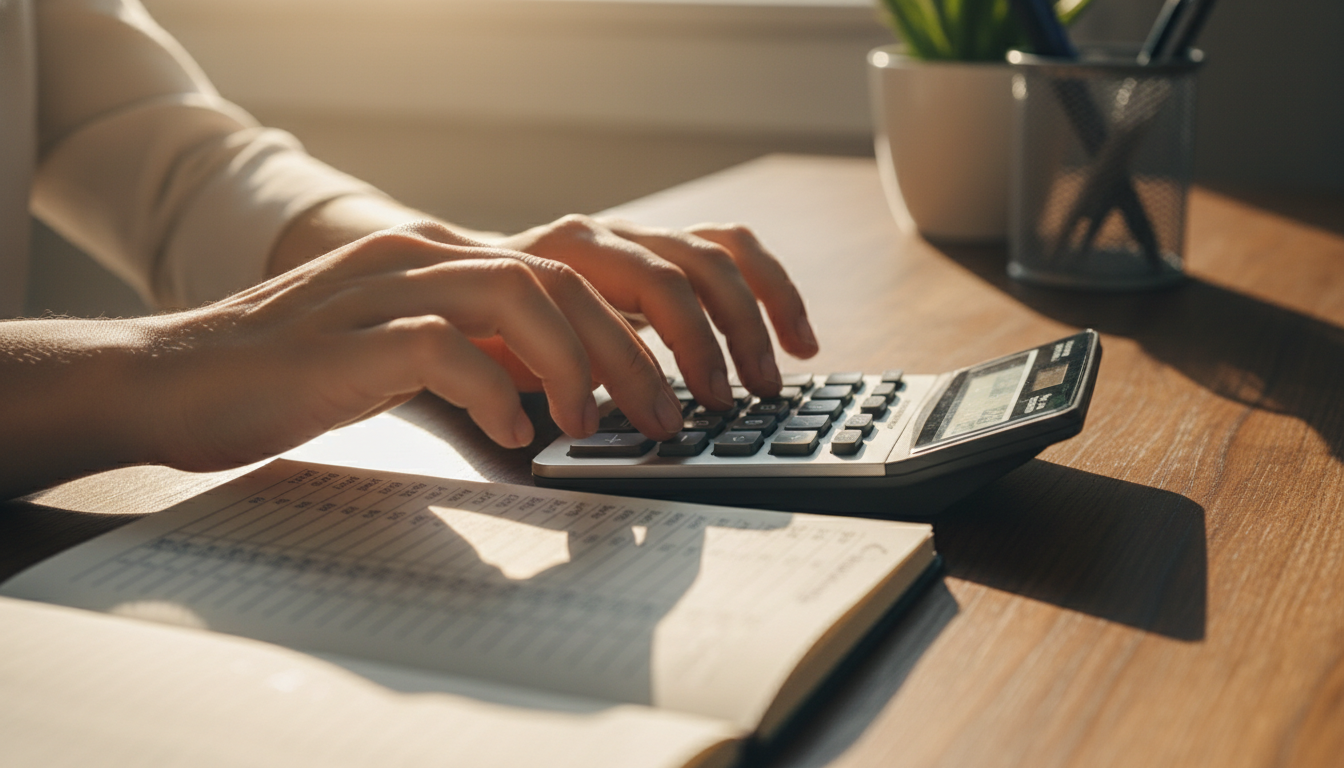 계산기와 재무 수치가 적힌 공책의 클로즈업, 따뜻한 조명, 나무 책상 질감, 계산기를 사용하는 손에 초점, 사실적인 디테일.