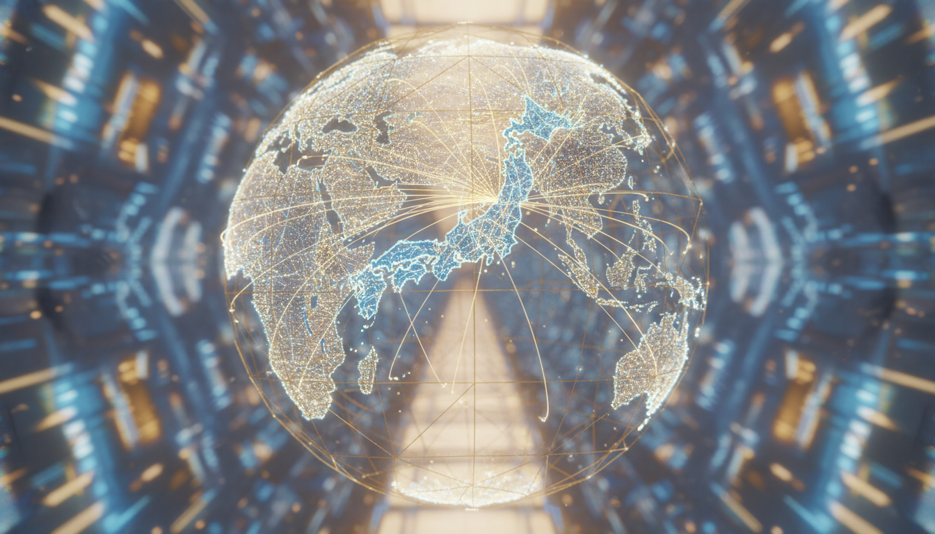 글로벌 주식 시장의 추상적 표현, 일본에서 미국 및 전 세계로 흐르는 투자 흐름을 나타내는 연결선이 있는 지구본, 하이테크 시각화, 파란색과 금색 색상 조합.