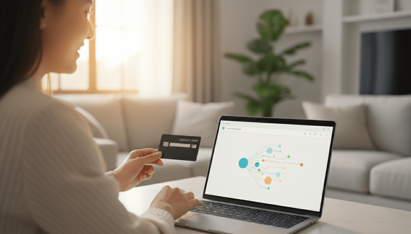 투자 대시보드가 보이는 노트북 근처에서 신용카드를 들고 있는 사람의 어깨 너머 샷, 매끄러운 거래 컨셉에 초점, 현대적인 라이프스타일 배경.