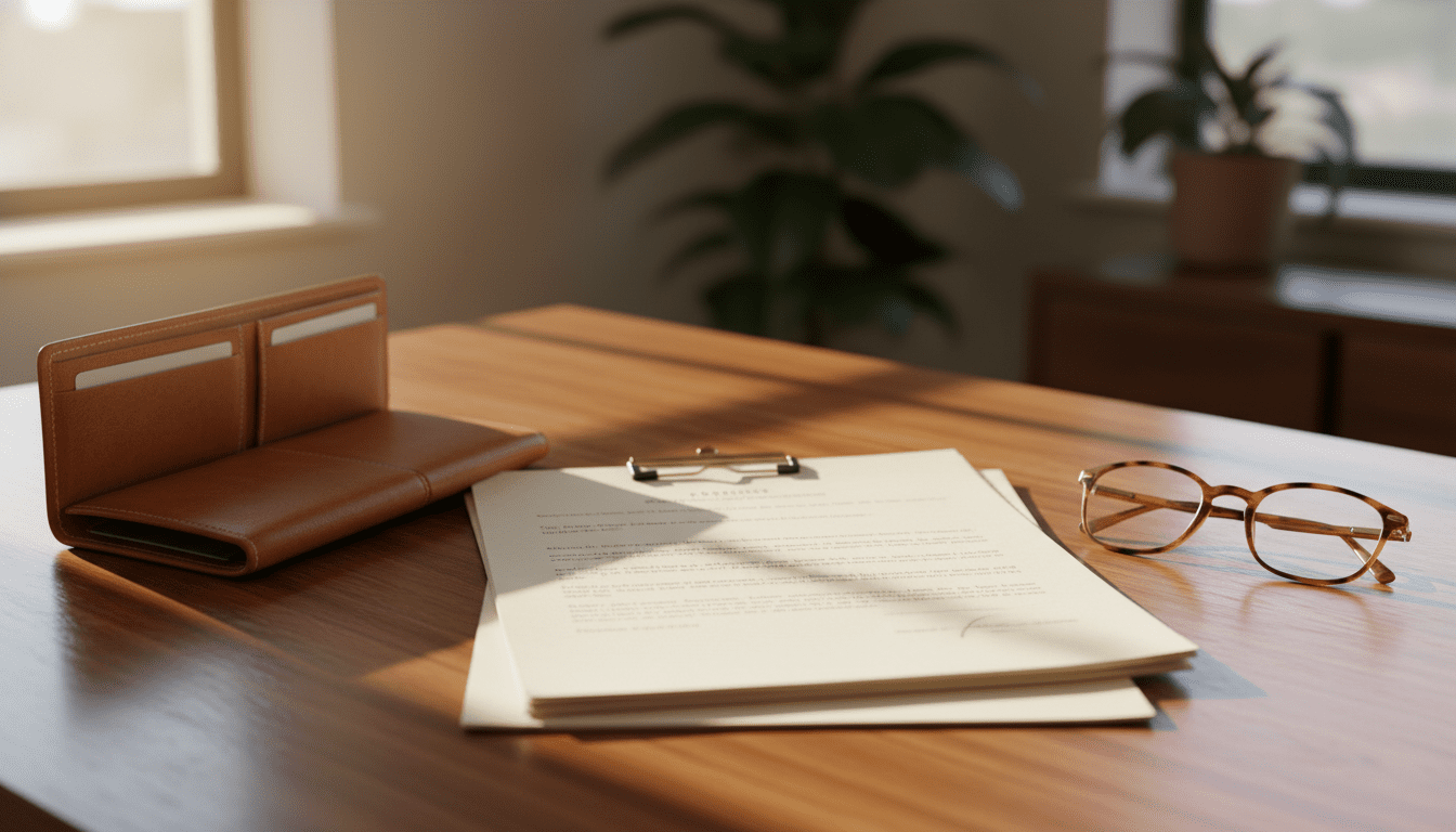 따뜻한 나무 테이블 위에 아름답게 정돈된 공식 서류 뭉치, 고급스러운 갈색 가죽 지갑, 그리고 돋보기 안경. 부드러운 창문 빛, 매크로 촬영, 우아한 에디토리얼 스타일. 텍스트나 차트 없음. 고해상도.