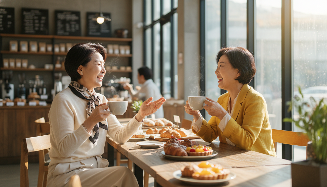 밝고 세련된 베이커리 카페에서 커피를 마시며 즐겁게 대화를 나누는 60대 한국인 여성 두 명, 라이프스타일 사진, 여유롭고 화기애애한 분위기