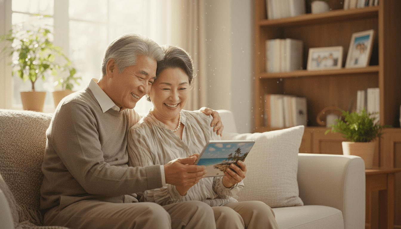 기초생활보장 종합계획. 60대 세련된 한국인 노부부가 햇살이 잘 드는 아늑하고 따뜻한 거실에 앉아 태블릿을 함께 보며 행복하게 미소 짓는 라이프스타일 사진. 여유로운 노후 준비를 상징. 시네마틱한 조명, 아웃포커싱, 차트나 그래프 없음.