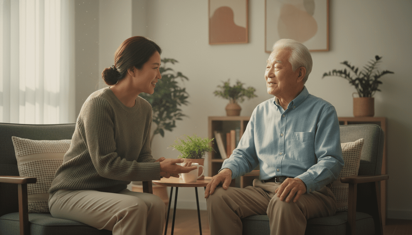깨끗하고 밝은 상담실에서 전문 사회복지사가 편안한 표정의 한국인 노인과 친절하고 따뜻하게 대화하는 공감 가는 라이프스타일 사진. 긍정적이고 안도하는 분위기. 시네마틱 조명, 정장 제외.