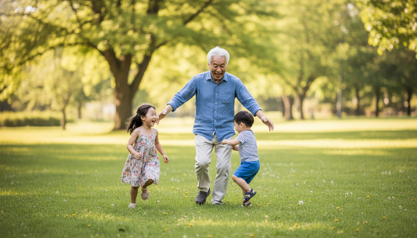 햇살 가득한 푸른 공원 잔디밭에서 어린 손주들과 즐겁게 뛰어놀고 있는 60대 후반 한국인 노인의 행복한 자연스러운 사진. 경제적 안정을 통한 궁극적 혜택 상징. 생동감 있는 색감, 따뜻한 햇빛.