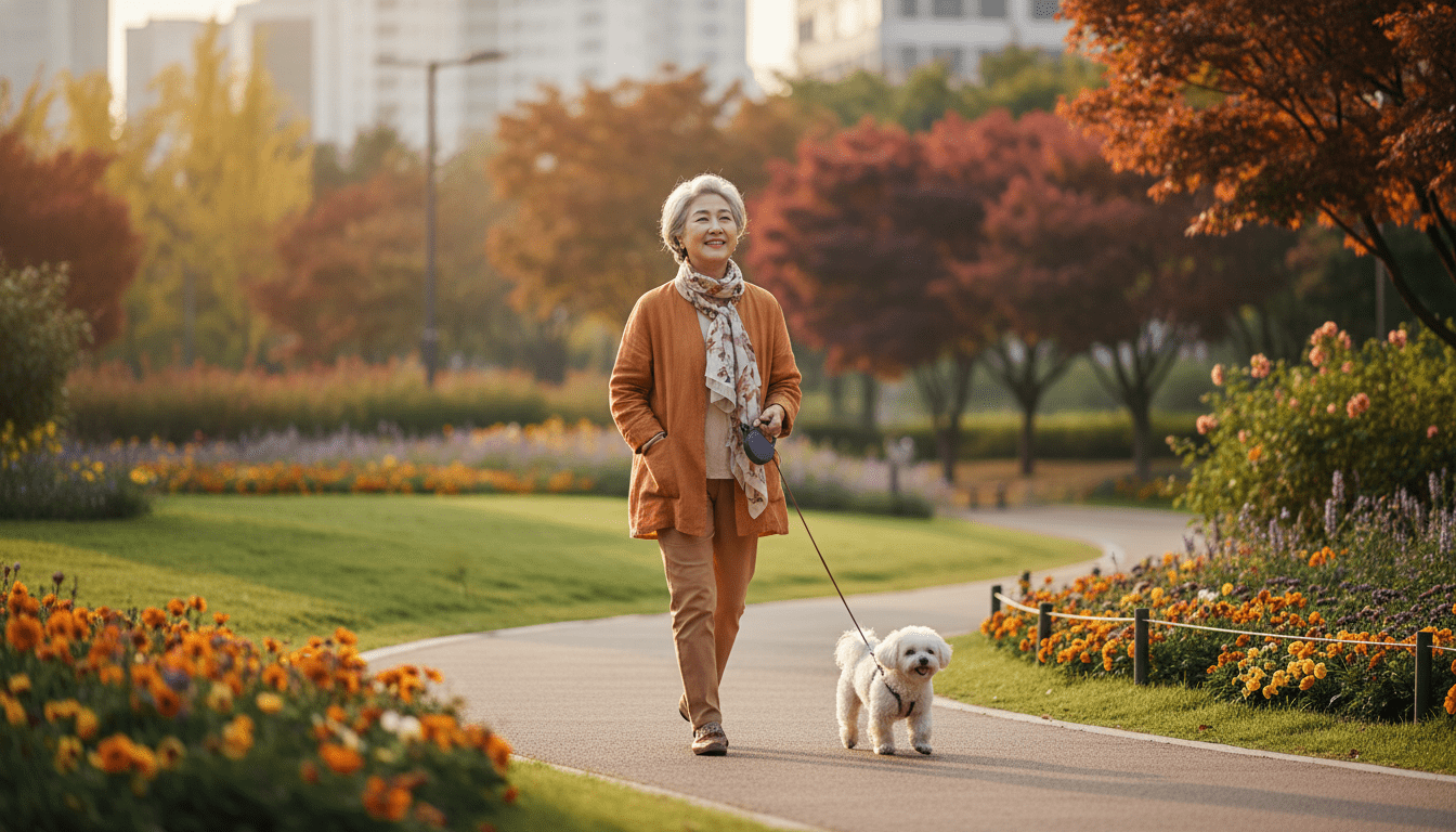 해질녘 아름답게 잘 관리된 도심 공원에서 작은 반려견과 산책하는 건강하고 멋진 한국인 노인의 평화롭고 충만한 라이프스타일 사진. 골든아워 조명이 주는 안도감과 밝은 미래. 아이콘이나 그래프 없음.