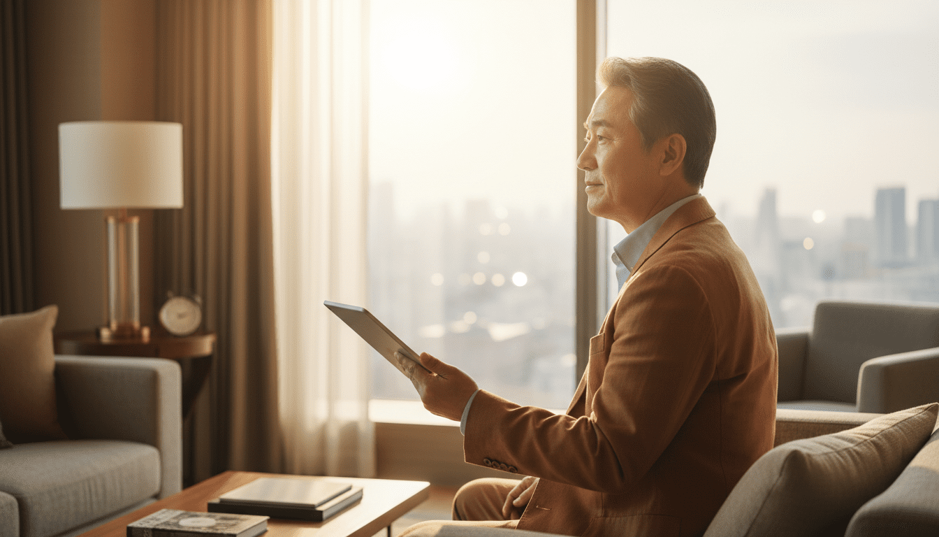 인물 사진, 부드러운 조명. 깔끔한 캐주얼 정장을 입은 세련된 60대 후반 한국인 시니어 남성. 어깨 너머 앵글로 태블릿을 들고 있으며, 밝은 창가를 향해 여유롭게 생각에 잠긴 모습. 스마트한 자산 관리를 상징. 태블릿 화면은 정면으로 보이지 않음. 고급스러운 라이프스타일 톤. 기호나 UI 그래픽 없음.