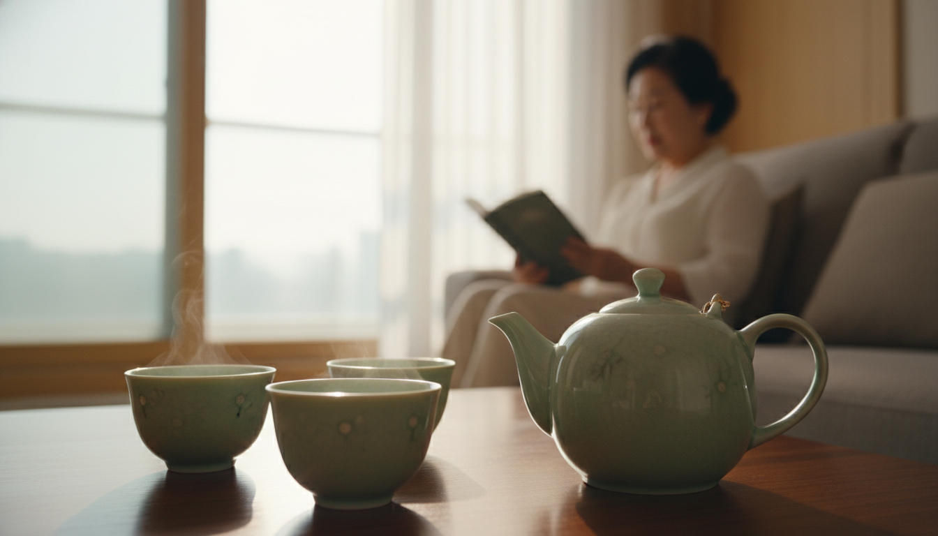 에디토리얼 사진, 건축 인테리어 포커스. 현대적인 한국 아파트의 고급 원목 거실 테이블 위에 놓인 프리미엄 찻잔 세트 매크로 샷. 배경에는 책을 읽고 있는 시니어 여성의 실루엣이 부드럽게 아웃포커싱 됨. 장기적인 거주의 안정성과 고급스러운 라이프스타일을 강조하는 시네마틱 조명. 숫자나 차트 없음.