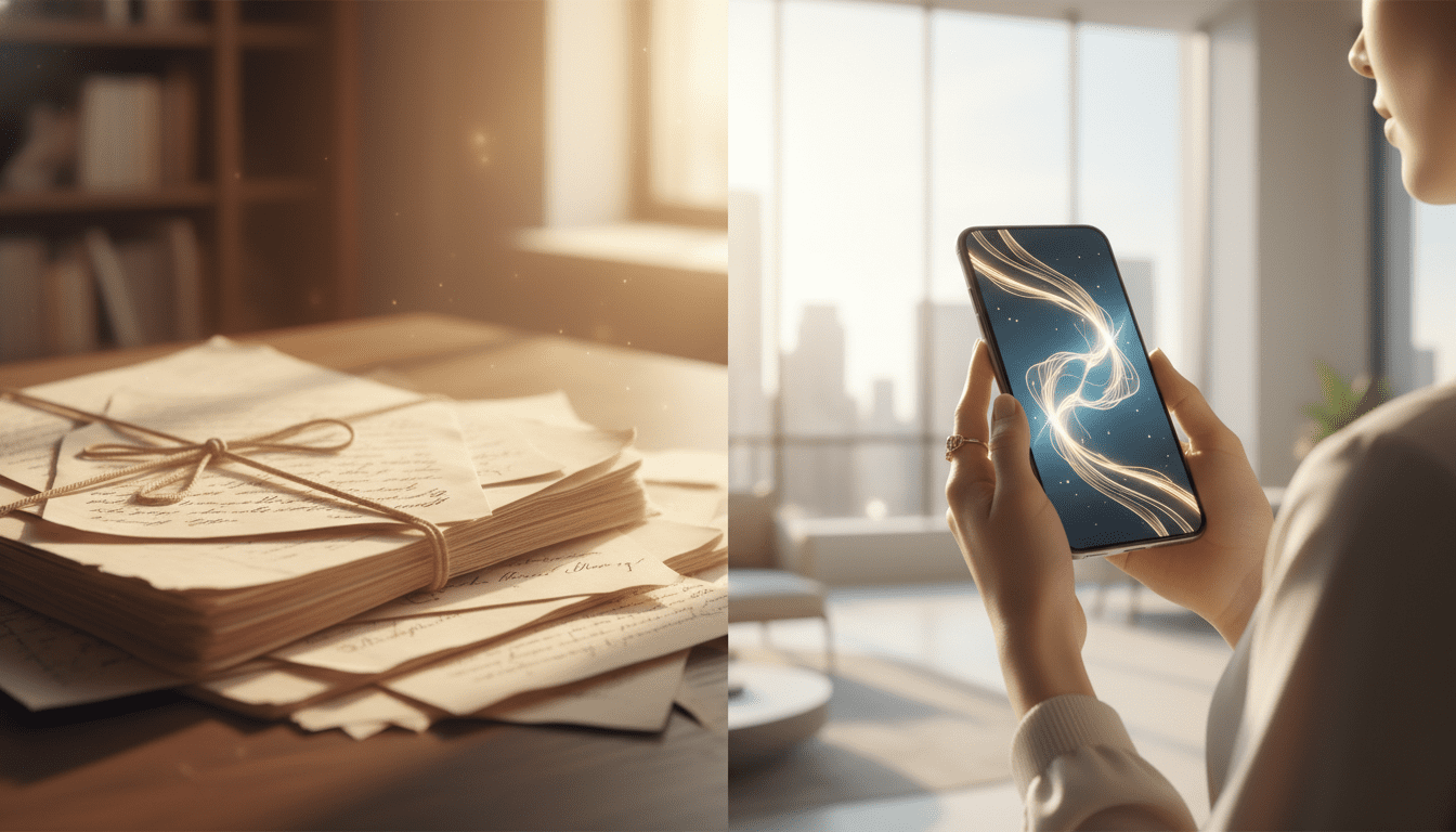 과거에서 현재로의 변화를 보여주는 추상적이고 시네마틱한 콘셉트. 왼쪽에는 흐릿한 옛날 종이 서류 더미가 있고, 오른쪽에는 어깨 너머 앵글로 촬영된 손에 들린 세련되고 빛나는 스마트폰이 추상적이고 우아한 디지털 인터페이스를 띄우고 있음. 하이테크와 라이프스타일의 만남, 따뜻한 조명.