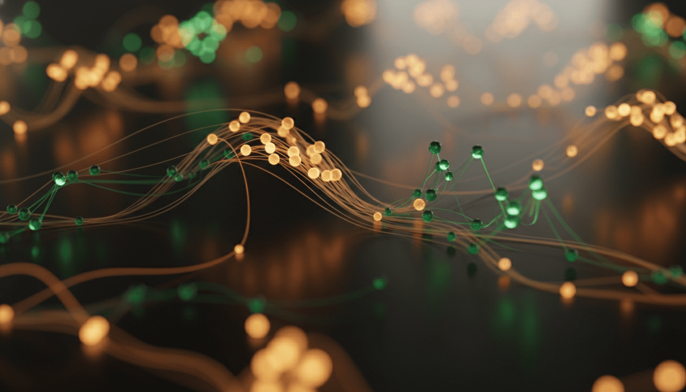 세련된 어두운 배경 위에서 빛을 내며 통신하는 추상적인 데이터 노드의 접사 사진. 복지와 번영을 상징하는 따뜻한 앰버 색상과 짙은 녹색 톤. 시네마틱 조명, 극도로 세밀한 기술적 추상화, 인물 얼굴 없음, 미래적이면서도 따뜻한 느낌.
