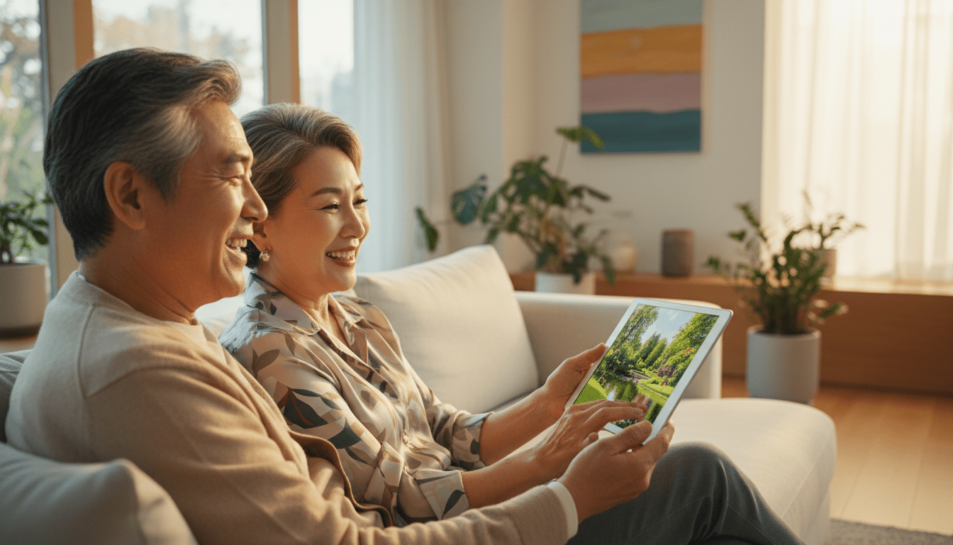 현대적인 거실에 편안하게 앉아 태블릿 기기를 함께 확인하며 안도하고 행복해하는 70대 한국인 노부부. 45도 뒷모습, 어깨 너머 앵글 촬영. 부드러운 오후 햇살, 에디토리얼 라이프스타일, 여유로운 분위기.
