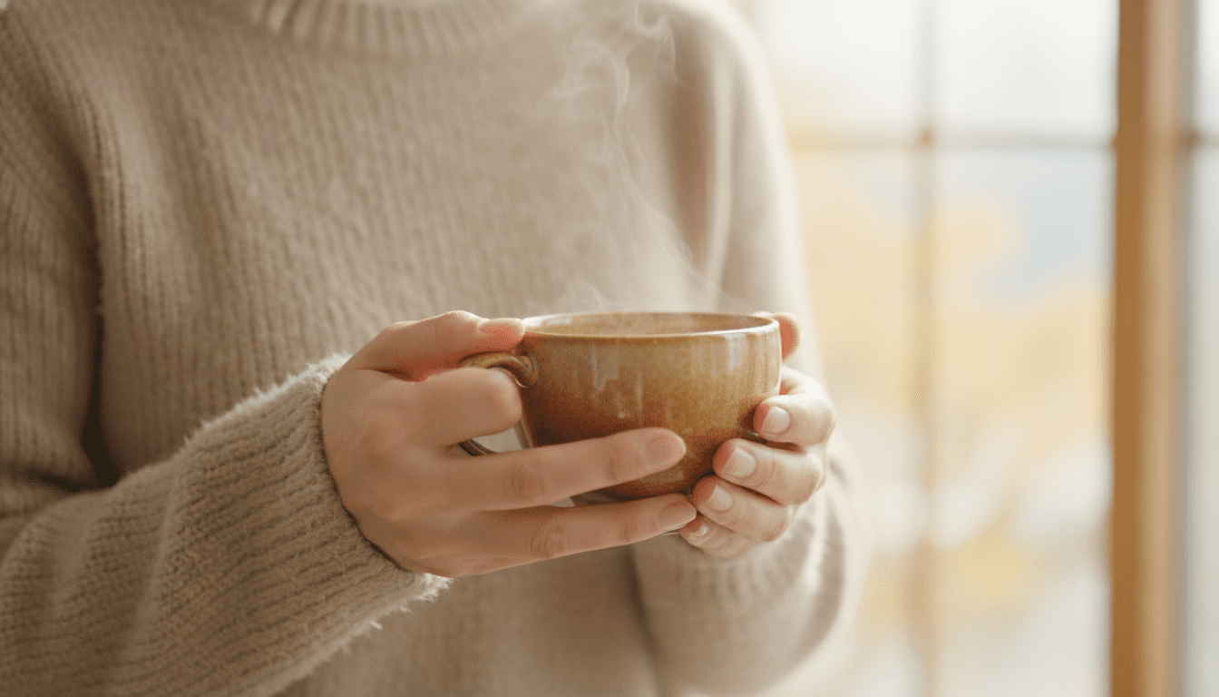 따뜻한 도자기 찻잔을 조심스럽게 쥐고 있는 우아한 60대 한국인 여성의 손 클로즈업 매크로 샷. 부드러운 베이지색 니트를 입고 있습니다. 따뜻하고 편안한 시네마틱 조명, 재정적 평온함과 건강을 전달하는 부드러운 배경 블러 처리.