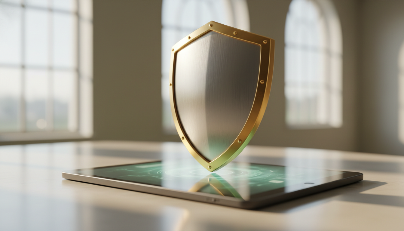 빛나는 스마트 기기 표면에서 떠오르는 매우 정교하고 우아한 미래 지향적 금속 방패 아이콘. 보안과 정부의 신뢰를 나타내는 부드러운 녹색과 금빛 조명. 매크로 렌즈, 시네마틱 조명, 보안 콘셉트, 인물 요소 없음.