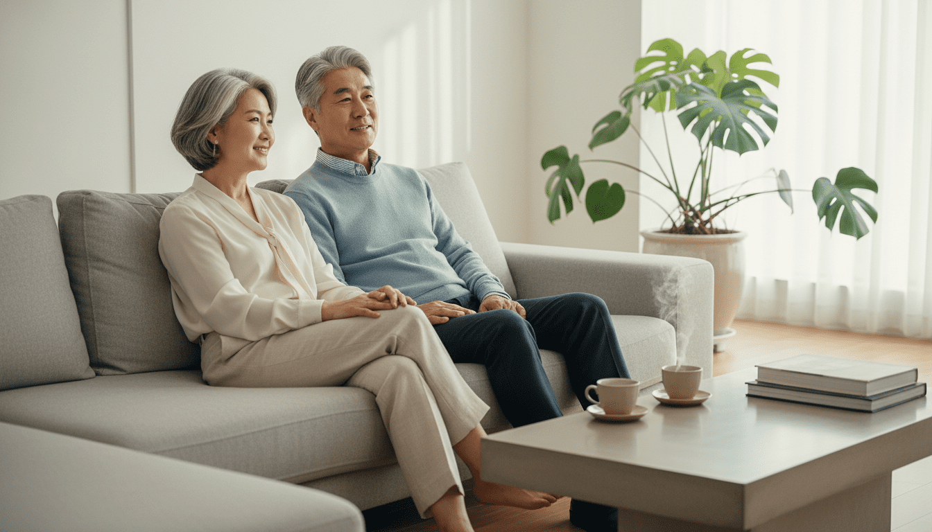 60대 한국인 시니어 부부가 밝고 세련된 거실에 앉아 여유롭게 휴식을 취하는 모습. 부드러운 자연광이 들어오며, 은퇴 후 재무적 안정을 이룬 행복하고 평온한 라이프스타일을 보여줍니다. 피사계 심도가 얕은 고품질 화보 스타일.
