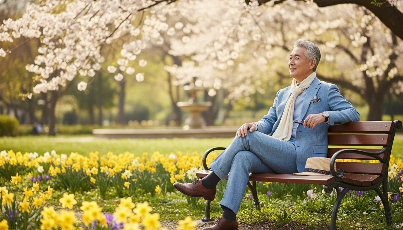 화창한 봄날 공원 벤치에 여유롭게 앉아 평화롭게 먼 곳을 응시하는 우아하고 옷차림이 단정한 60대 한국인 남성. 에디토리얼 사진, 자연광, 자연스러운 스냅샷, 동경을 불러일으키는 얕은 피사계 심도.