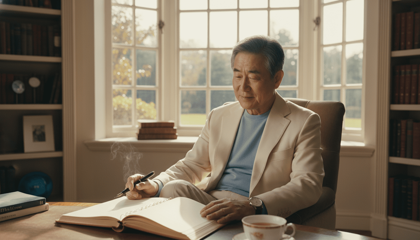 따뜻한 자연광이 들어오는 고급스러운 서재에서, 우아한 분위기의 60대 한국인 시니어 남성이 고급 가죽 노트를 차분히 바라보고 있는 에디토리얼 사진. 여유롭고 안정적인 노후 자산 관리를 상징함.
