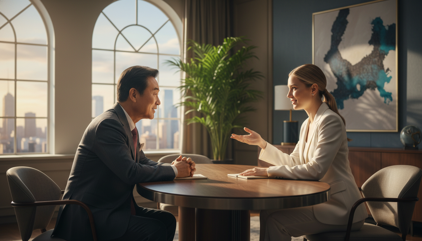 에디토리얼 사진, 옆모습 구도. 현대적이고 고급스러운 VIP 상담실에서 세련된 정장 차림의 60대 한국인 시니어가 프라이빗 뱅커(PB)의 설명을 진지하게 듣고 있는 모습. 얕은 피사계 심도, 따뜻하고 신뢰감 있는 조명.