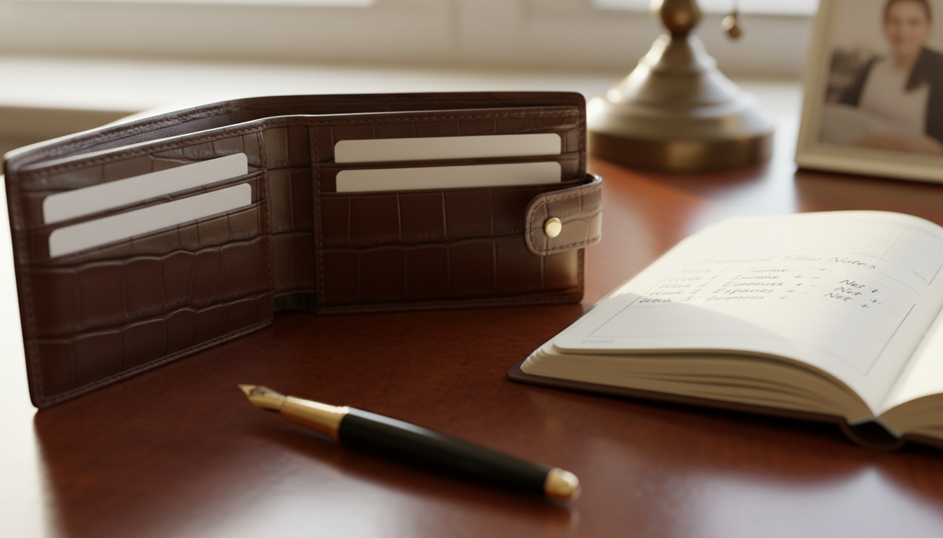 매크로 사진, 시네마틱 조명. 고급 마호가니 책상 위에 놓인 프리미엄 가죽 지갑, 고급 만년필, 그리고 손글씨로 꼼꼼하게 기록된 노트. 매월 들어오는 안정적인 현금흐름을 상징하는 고급스러운 분위기, 얕은 피사계 심도.