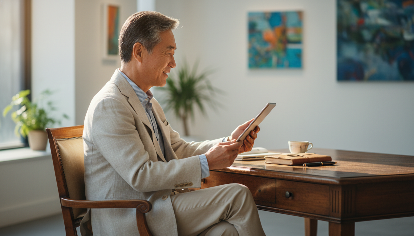 스마트 캐주얼 정장을 입은 자신감 넘치는 한국인 시니어 남성이 클래식한 원목 책상에 앉아 태블릿을 진지하게 바라보는 측면 모습. 어깨 너머 앵글. 시네마틱 조명, 깊은 그림자, 전문적인 분위기. 전면 화면 노출 없음.