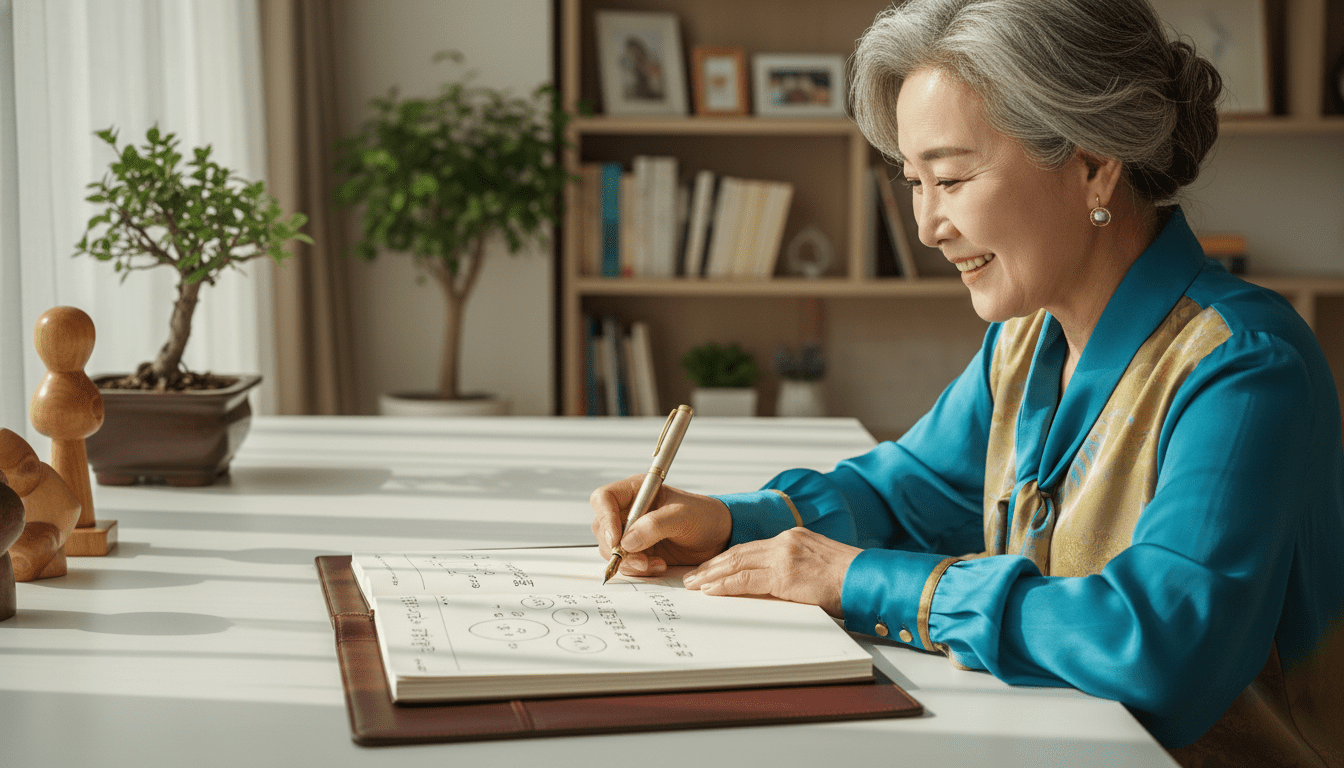 깨끗한 테이블 위 두꺼운 가죽 수첩에 만년필로 조심스럽게 글을 쓰고 있는 한국인 시니어 여성의 어깨 너머 앵글 샷. 미래 재정적 독립을 계획하는 모습. 자연광, 화보 스타일.
