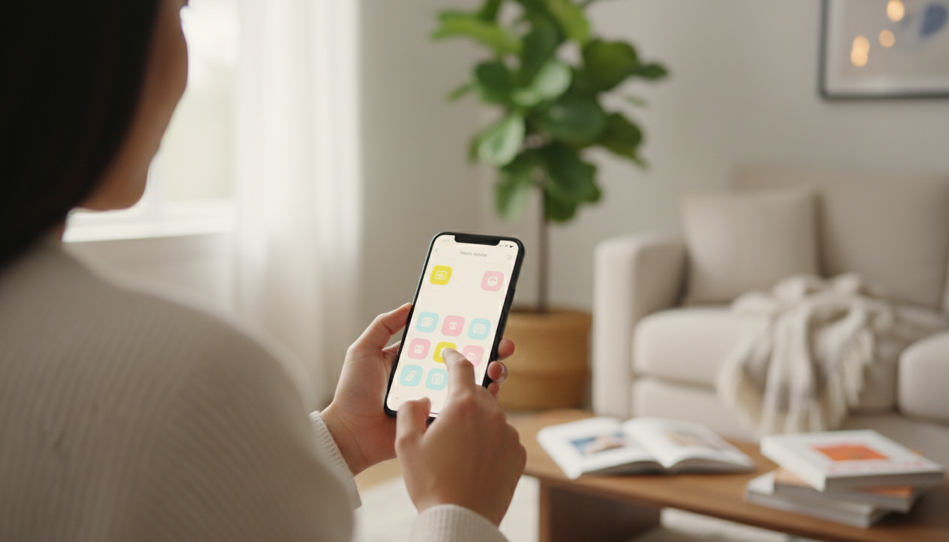 스마트폰을 들고 깔끔하게 디자인된 애플리케이션 인터페이스를 탐색하는 사람의 손을 어깨 너머로 찍은 사진. 배경은 아름답게 흐려진 아늑한 거실 인테리어입니다. 시네마틱 조명, 소프트 포커스, 높은 미적 품질.