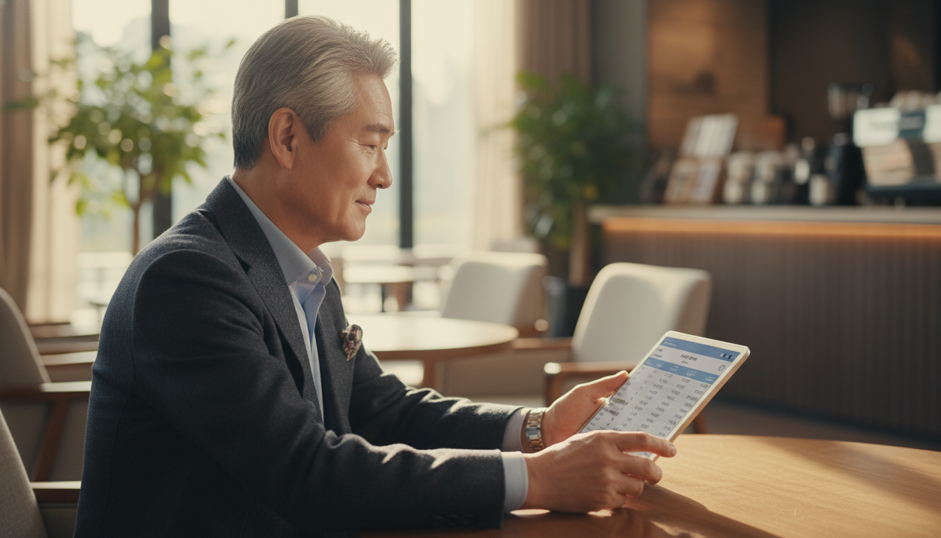 일본 ETF. 고급스러운 현대식 카페에 앉아 있는 60대 한국인 시니어 남성. 옆모습으로 촬영되었으며, 부드러운 미소를 띠며 태블릿으로 금융 정보를 확인하고 있습니다. 재정적 안정과 여유로운 은퇴 생활이 느껴지는 에디토리얼 사진, 부드러운 자연광, 얕은 피사계 심도.