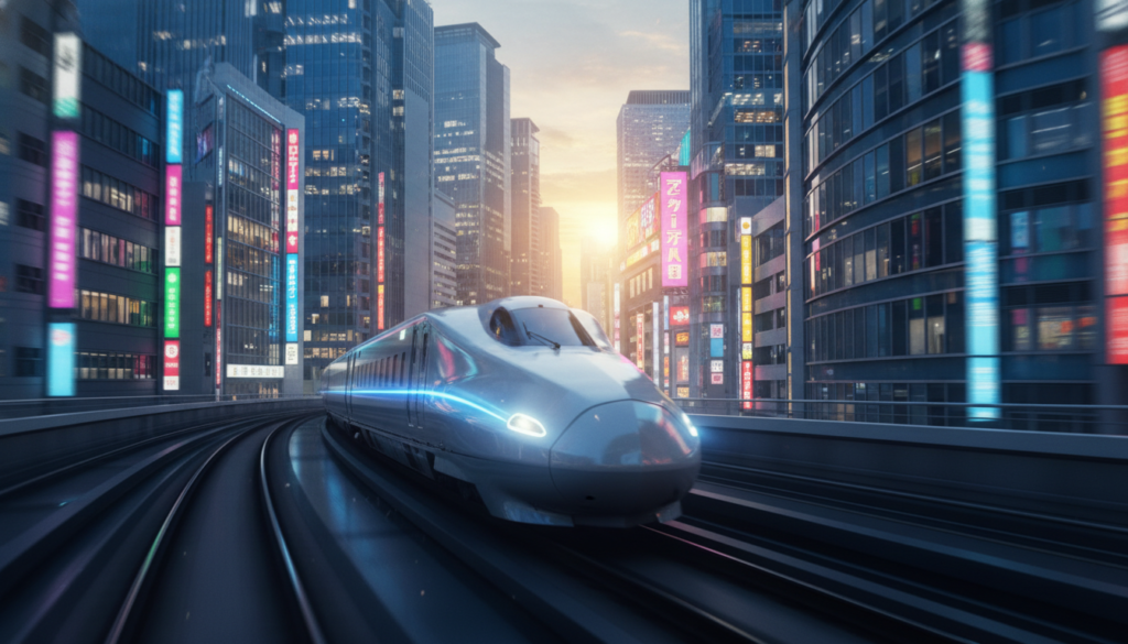 해질녘 미래지향적인 도쿄 금융가를 가로지르는 세련된 현대식 고속 열차의 매크로 시네마틱 컷. 깔끔한 유리 빌딩에 반사되는 네온 불빛. 일본 경제의 부활과 밸류업 모멘텀을 상징하는 하이테크 기업 미학. 인물 없음.