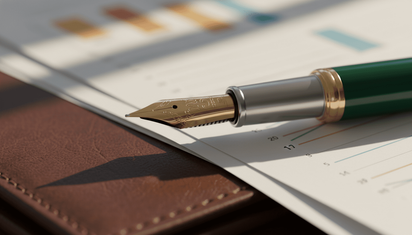 가죽 폴리오와 흐릿하게 보이는 고급 금융 서류 위에 놓인 최고급 만년필의 매크로 컷. 시네마틱 조명, 깊은 그림자, 우아한 구도. 만년필의 금속 촉에 초점이 맞춰져 있으며, 꼼꼼한 계산과 수수료 분석, 전문가의 재무 설계를 상징함. 인물 없음.