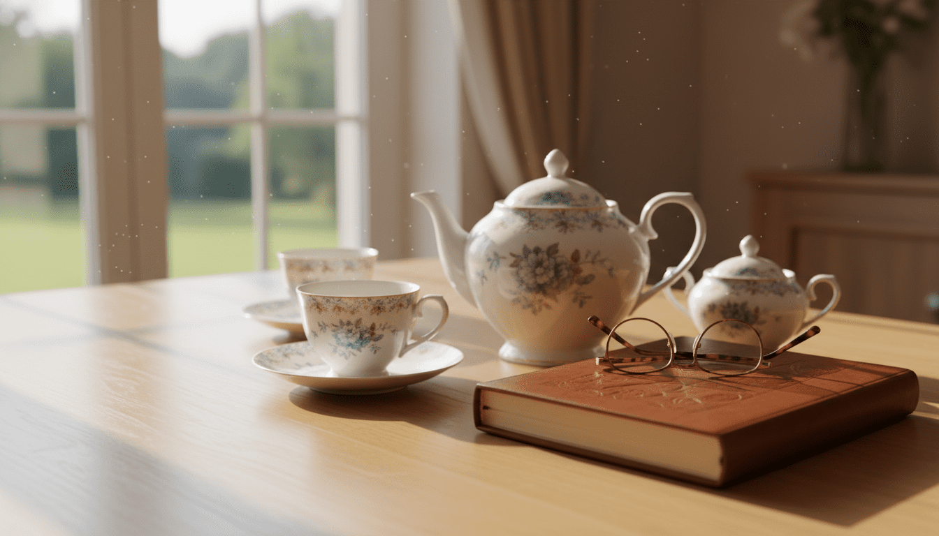 깔끔한 나무 테이블 위에 우아한 도자기 찻잔 세트, 가죽 양장 노트, 돋보기 안경이 정갈하게 놓여 있는 모습. 창문으로 들어오는 아침 햇살이 부드러운 그림자를 만듭니다. 평온하고 계획된 안정적인 은퇴 생활을 상징하는 라이프스타일 사진. 인물 없음.