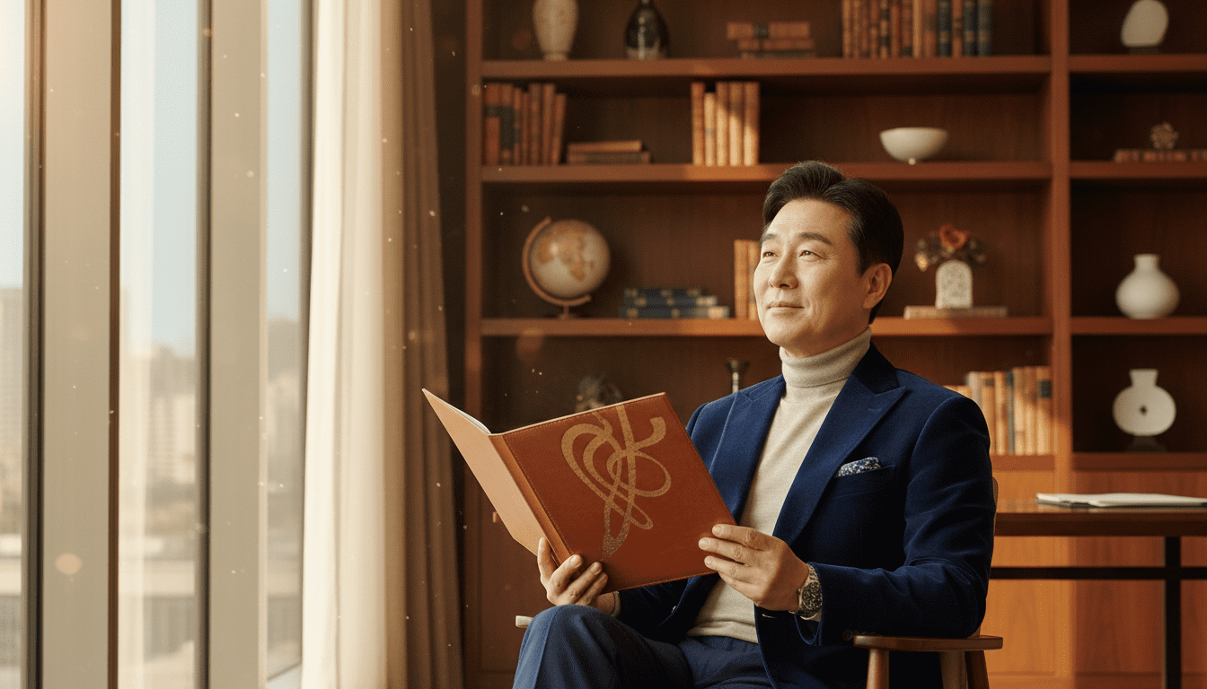 ISA·IRP·연금저축 완벽 활용법. 50대 한국 남성이 채광이 좋은 고급스러운 서재에 앉아 두꺼운 가죽 재질의 고급 서류를 진지하고 만족스러운 표정으로 검토하고 있는 에디토리얼 사진. 오후의 따뜻하고 부드러운 햇살, 얕은 피사계 심도. 부유하고 여유로운 노후 자산 관리 콘셉트.