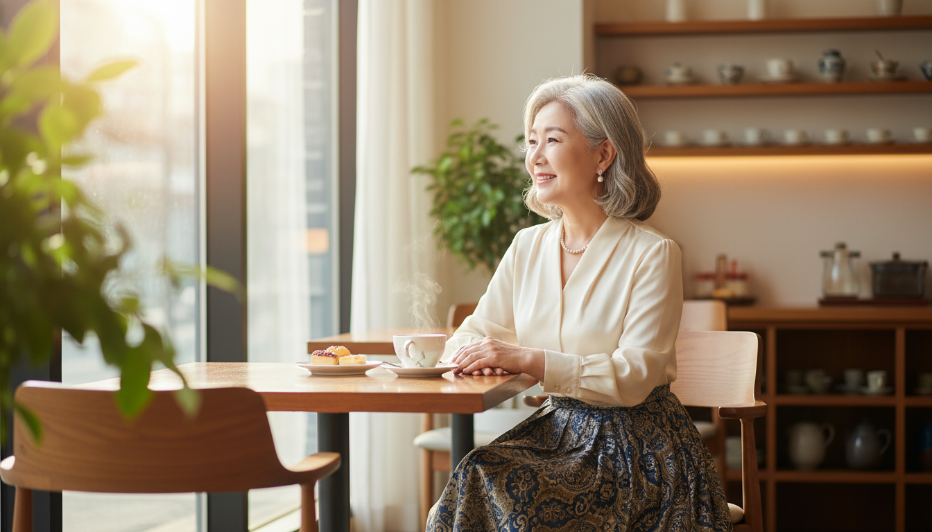 시니어 재테크. 밝은 카페에 앉아 창밖을 보며 여유롭고 안도감 있는 표정을 짓는 우아하고 자신감 넘치는 60대 한국인 시니어의 에디토리얼 사진. 따뜻한 햇살, 부드러운 조명, 여유로운 라이프스타일, 아웃포커싱.