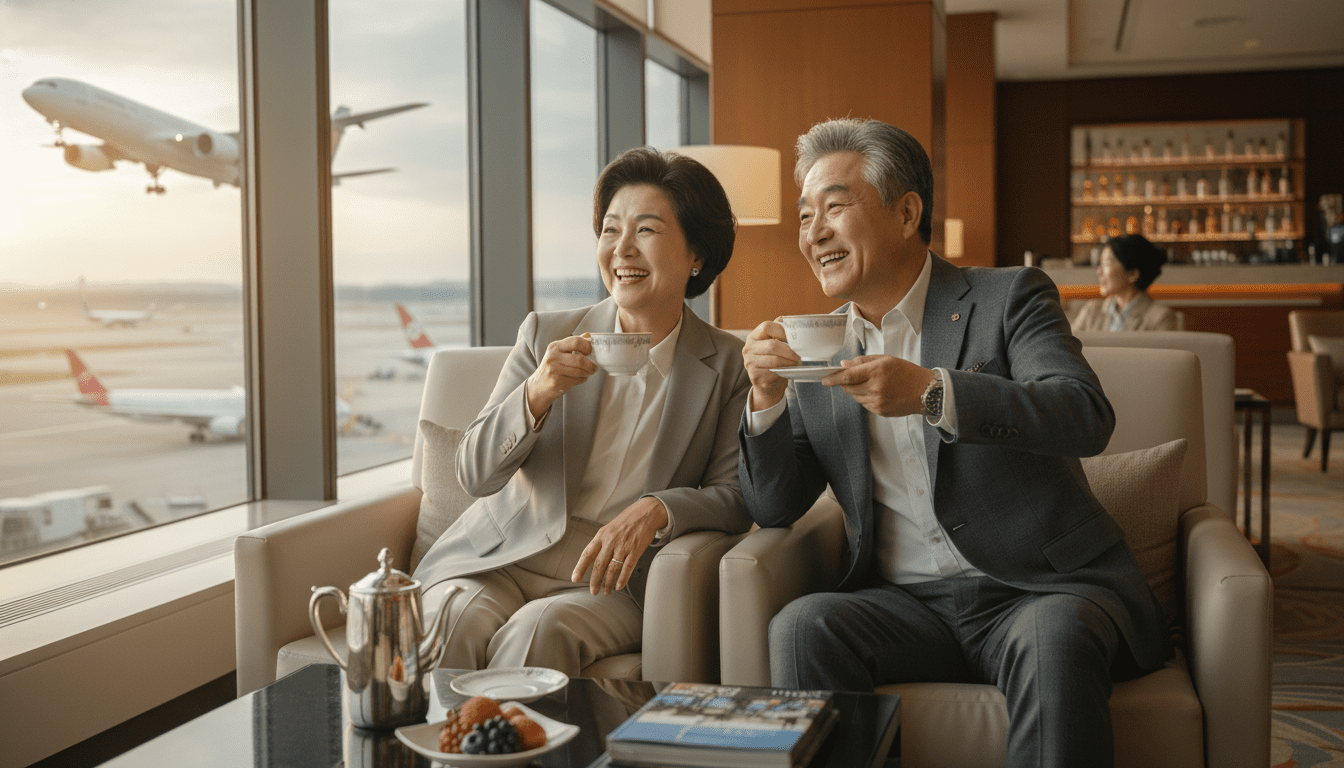 프리미엄 공항 라운지에서 차를 마시며 창밖의 비행기를 여유롭게 바라보고 있는 행복한 한국인 시니어 부부. 부드러운 조명, 성공적인 자산관리가 가져다준 경제적 자유와 보상을 표현하는 에디토리얼 스타일의 자연스러운 인물 사진.