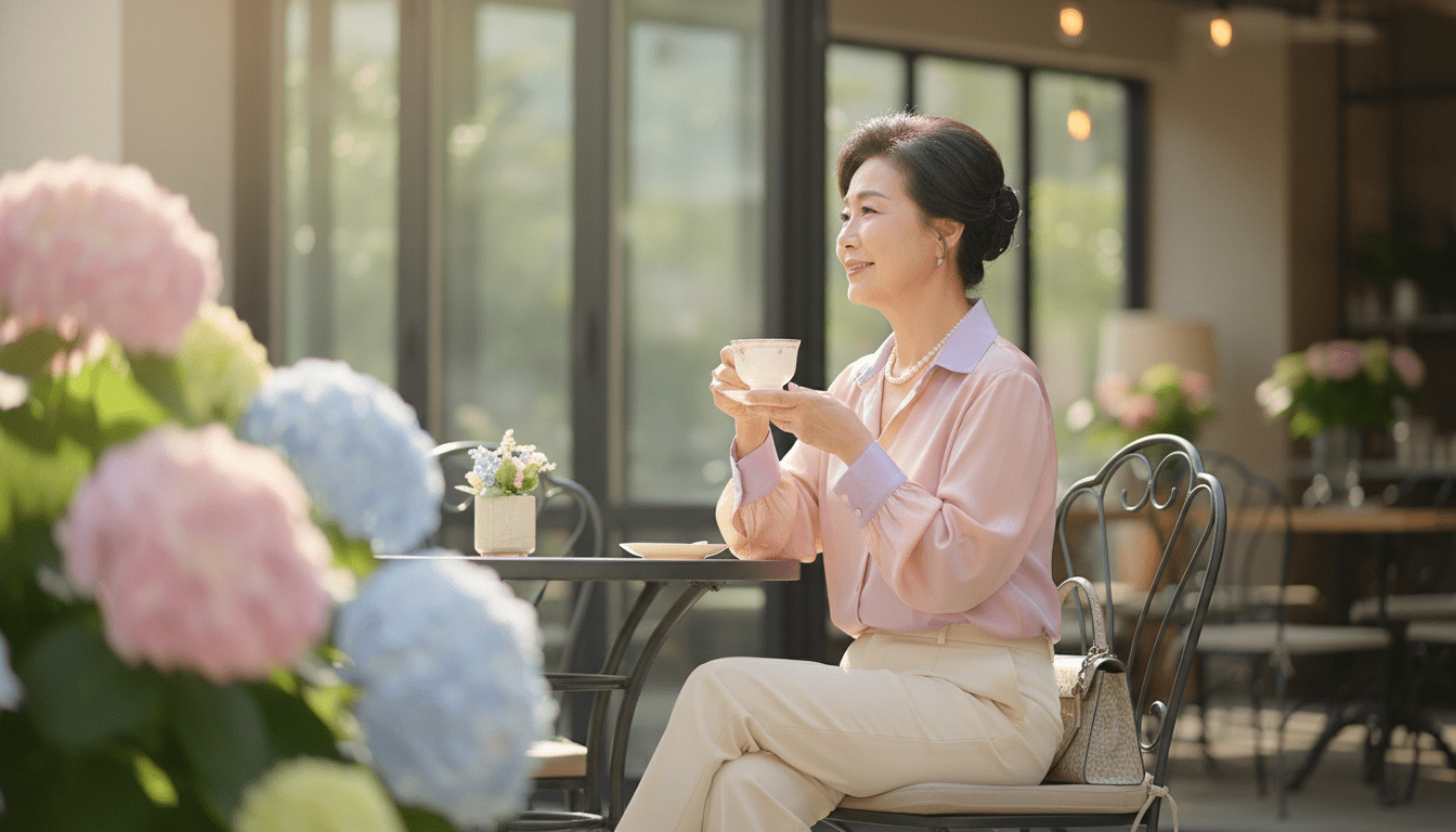 햇살이 비치는 카페 테이블에 앉아 찻잔을 들고 있는 부유한 한국인 60대 여성의 45도 측면 후방 샷. 경제적으로 여유롭고 편안해 보임. 영화 같은 조명, 부드러운 파스텔 톤으로 평온한 노후를 표현.