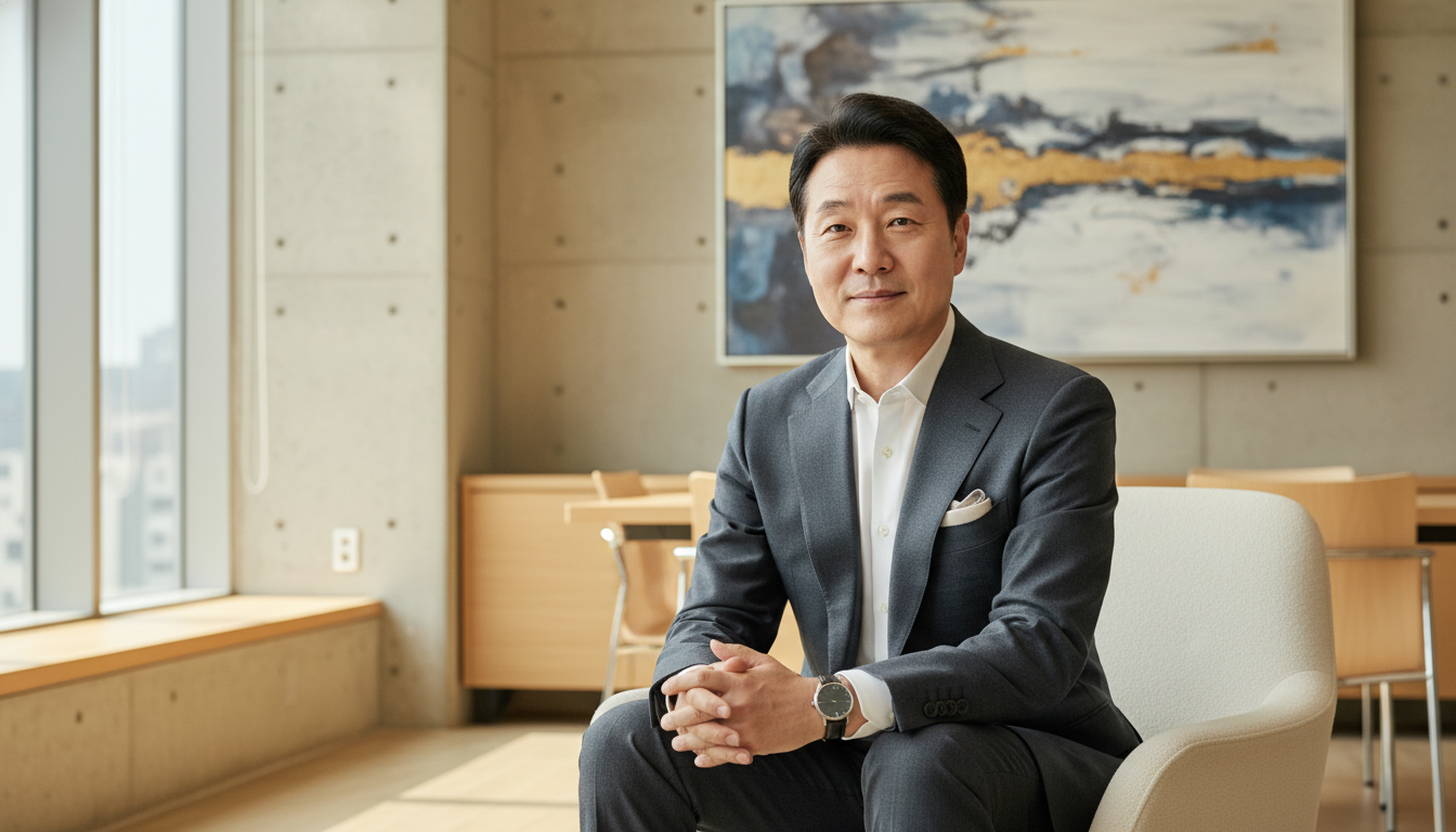 국민성장펀드. 밝은 현대식 사무실에 앉아 있는 50대 후반의 세련된 한국 남성의 에디토리얼 사진. 부와 재정적 안정을 상징하며 부드럽게 미소 짓고 있습니다. 피사계 심도를 얕게 하여 자신감 있는 표정에 초점을 맞춘 부드러운 시네마틱 조명. 그래프나 홀로그램 차트, 화면은 없습니다.
