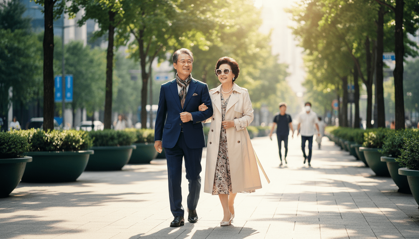 화창한 날, 녹음이 우거진 깨끗하고 현대적인 도시 거리를 팔짱을 끼고 걷고 있는 세련된 한국인 시니어 커플. 그들은 부유하고 건강하며 행복해 보여 안정적인 노후를 상징합니다. 에디토리얼 스타일, 자연스러운 순간, 부드러운 햇살, 고해상도, 화면이나 글씨 없음.