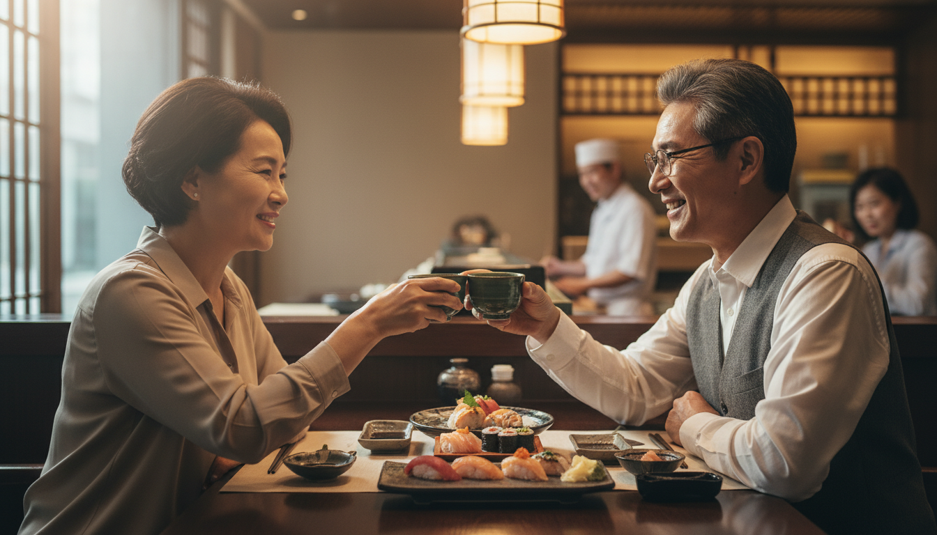 라이프스타일 사진, 고급 레스토랑에서 프리미엄 오마카세 스시 만찬을 즐기며 환한 표정으로 녹차 잔을 부딪치는 우아한 60대 한국인 시니어 부부. 영화 같은 조명, 따뜻하고 고급스러운 무드, 자연스러운 순간 포착, 재정적 자유와 행복한 은퇴 생활을 상징함.