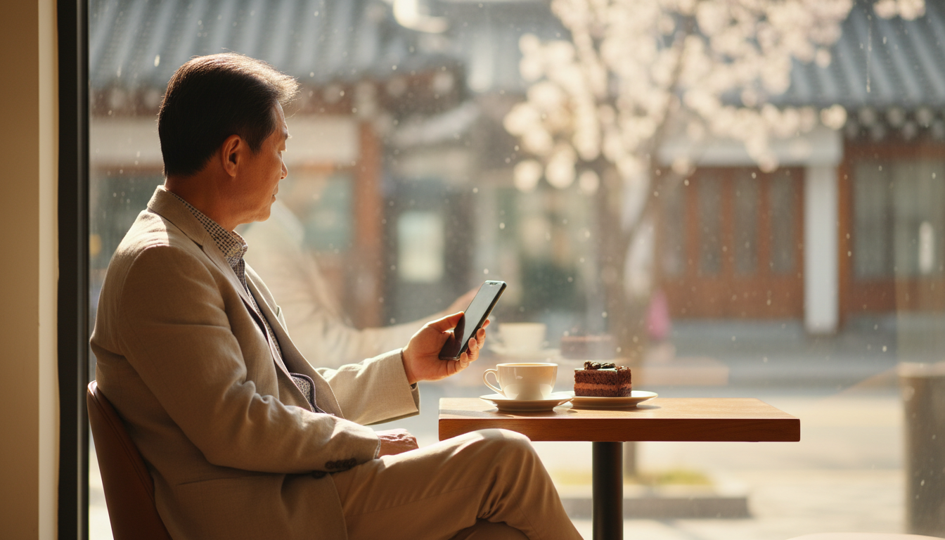 라이프스타일 사진, 창가의 세련되고 밝은 카페에 앉아 스마트폰을 들고 있는 60대 한국 남성. 편안한 자세에 초점을 맞춘 45도 뒷모습 구도. 테이블 위에는 커피 한 잔과 케이크 한 조각. 따뜻하고 여유로운 분위기, 자연스러운 순간. 스마트폰 화면은 초점이 나감.