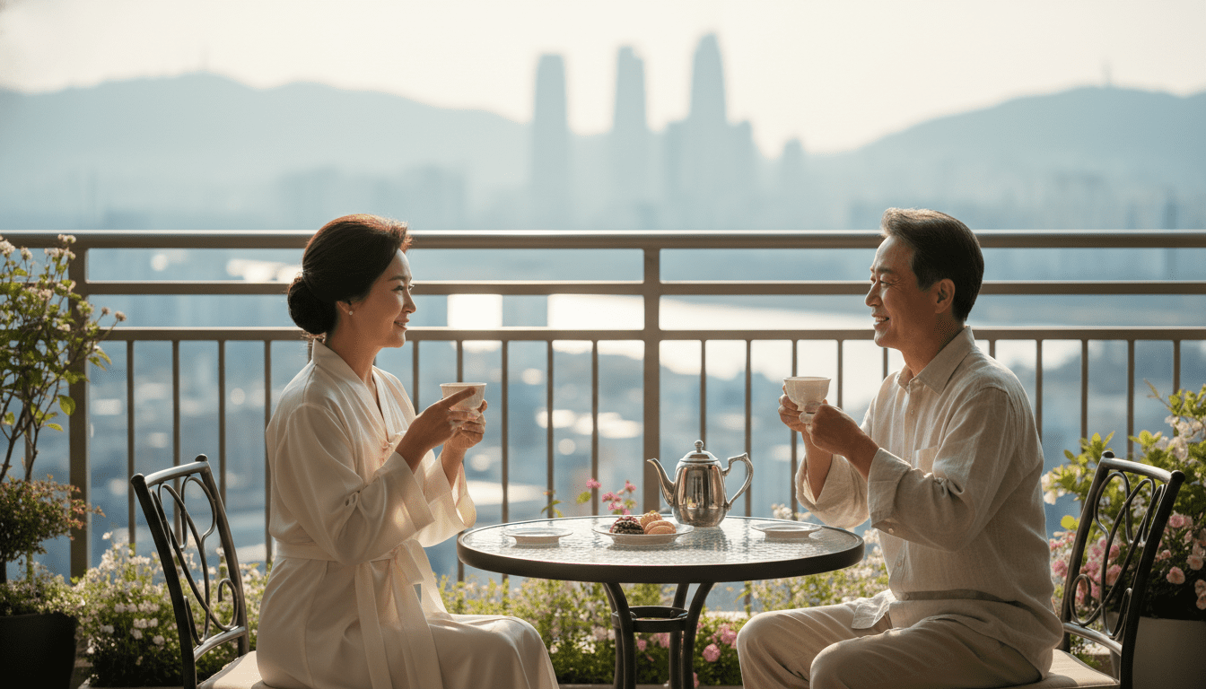 서울 아파트 공시가격. 서울 도심이 내려다보이는 고급 아파트 발코니에서 햇살을 받으며 우아하게 차를 마시고 부드럽게 미소 짓는 60대 한국인 노부부, 영화 같은 조명, 얕은 피사계 심도, 따뜻하고 여유로운 라이프스타일 사진.