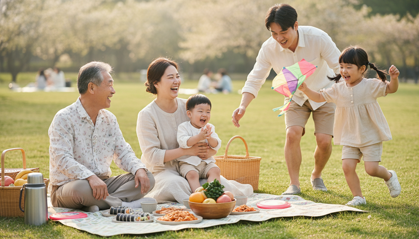햇살 가득한 공원 푸른 잔디밭에서 주말 피크닉을 즐기며 함께 활짝 웃고 있는 70대 조부모, 부모, 손주로 이뤄진 화목한 3대 한국인 가족, 따뜻하고 생동감 넘치는 분위기.