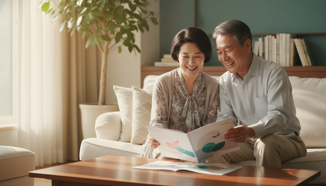 국채. 라이프스타일 사진, 얕은 피사계 심도, 따뜻하고 여유로운 분위기. 햇살이 잘 드는 우아한 거실에 편안하게 앉아 있는 60대 한국인 부부. 커피 테이블에 놓인 예쁜 브로슈어를 함께 보며 밝게 웃고 있으며, 재무적 안정감과 평화로운 노후의 느낌을 줍니다.