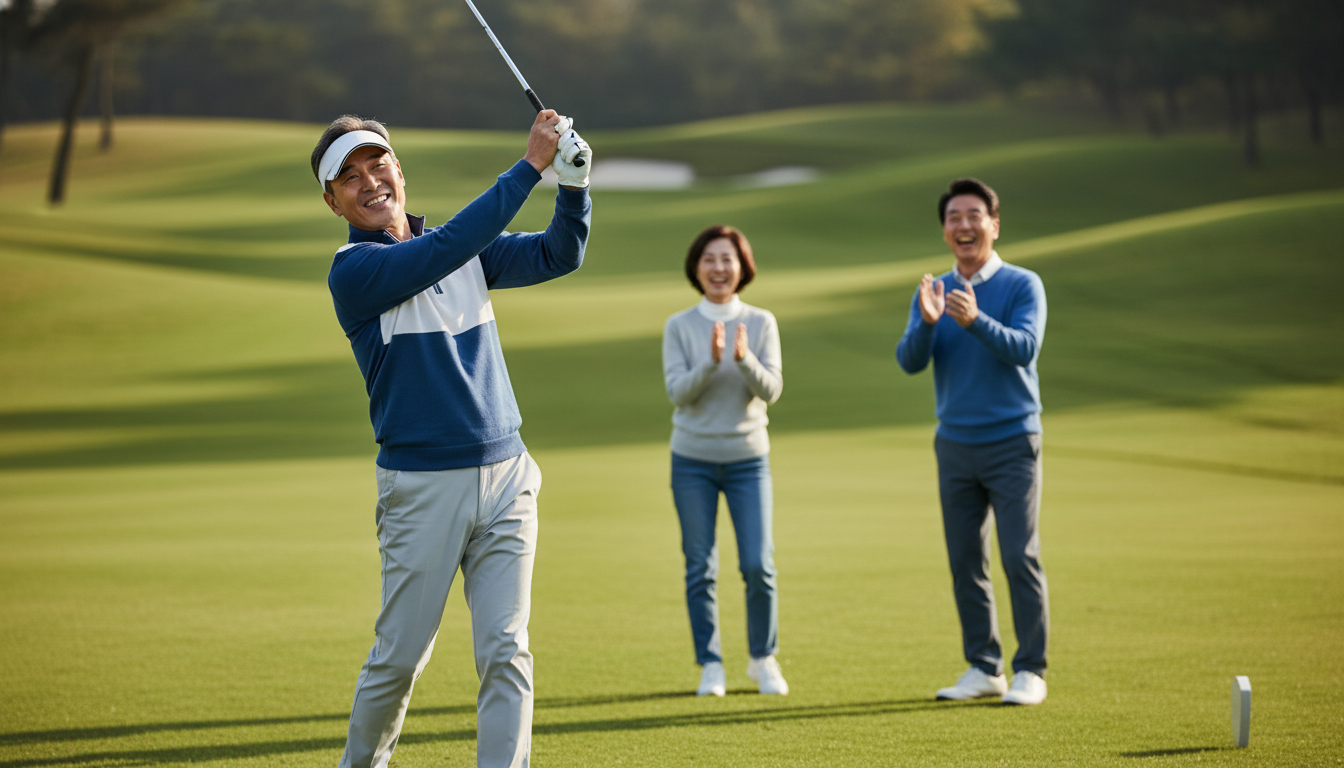 라이프스타일 사진, 시네마틱 조명, 자연스러운 순간. 푸른 잔디가 펼쳐진 골프장에서 활기차게 골프 스윙을 하는 50대 한국인 남성과 배경에서 환하게 웃으며 응원하는 친구. 현명한 자산 관리로 얻게 된 진정한 행복과 활기찬 에너지를 뿜어냅니다.