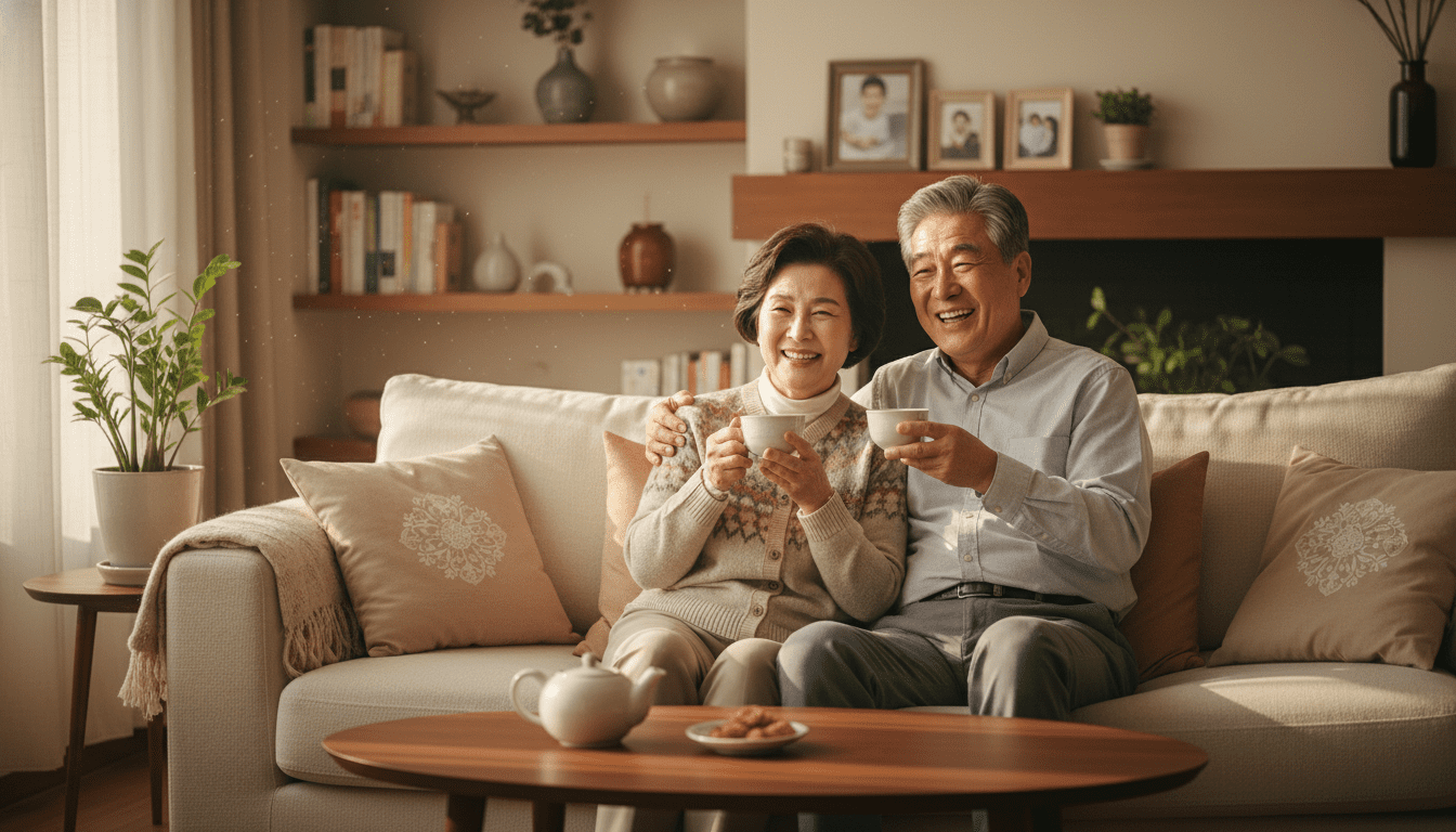 원달러 환율. 따뜻한 햇살이 들어오는 거실의 푹신한 소파에 앉아 편안하게 휴식을 취하고 있는 60대 한국인 부부의 라이프스타일 사진. 차를 마시며 만족스럽게 미소 짓고 있으며, 아늑한 인테리어 소품들로 둘러싸여 있다. 시네마틱 조명, 자연스러운 순간, 얕은 피사계 심도, 따뜻하고 여유로운 분위기.