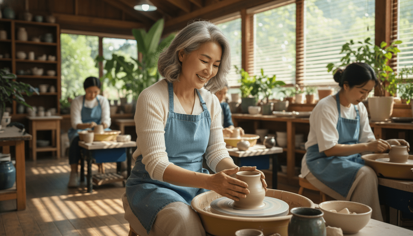 원달러 환율. 밝고 현대적인 스튜디오에서 즐겁게 도자기 수업을 즐기고 있는 우아한 70대 한국인 여성. 단정한 앞치마를 입고 점토를 빚으며 환하게 웃고 있다. 활기차고 성취감 있는 라이프스타일, 자연스러운 사진, 얕은 피사계 심도.