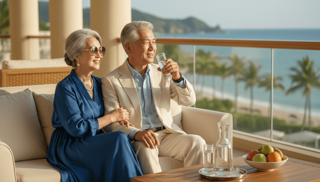 아름다운 해안 절경이 보이는 럭셔리 리조트 발코니에서 휴식을 취하는 60대 한국인 시니어 부부의 라이프스타일 사진. 재정적으로 여유롭고 진정으로 행복해 보이는 표정. 따뜻한 햇살, 자연스러운 순간.