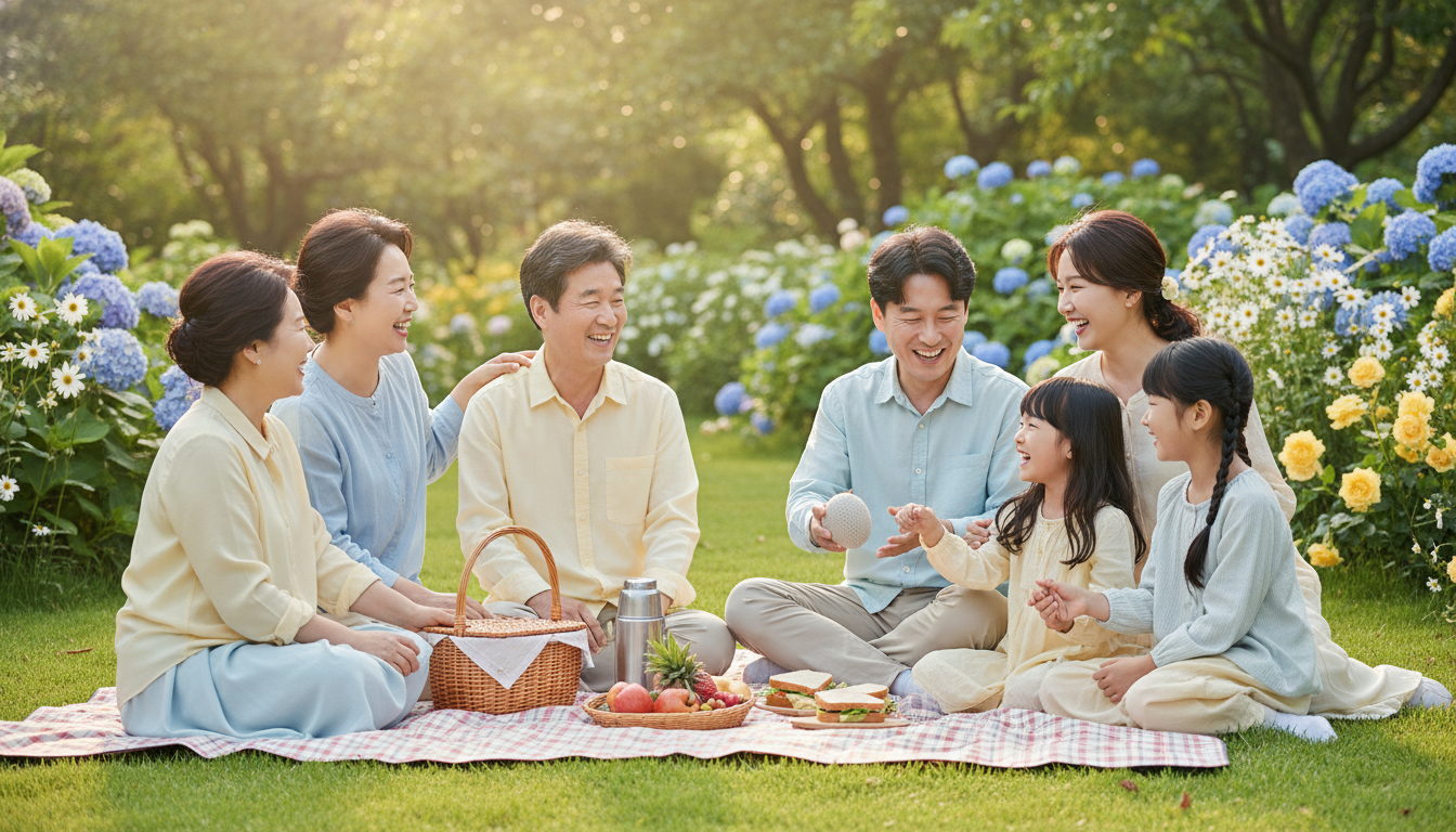 화창하고 푸른 정원에서 즐겁게 피크닉을 즐기는 3대(70대 조부모, 부모, 손주) 한국인 가족의 화목한 모습. 환하게 웃으며 대화를 나누는 장면으로, 대를 이어 물려주는 안전한 자산과 행복한 가족의 미래를 상징한다. 따뜻하고 시네마틱한 조명.