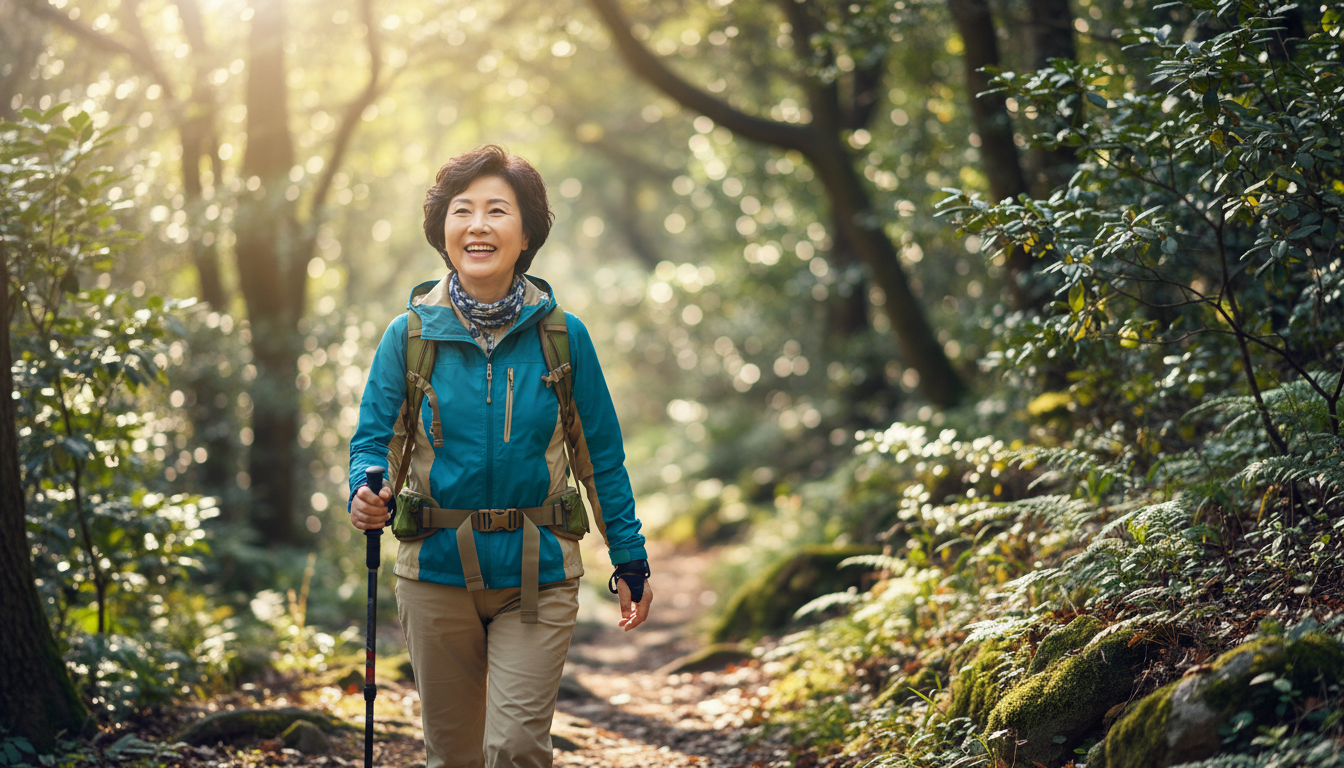 푸른 나무와 햇살이 나뭇잎 사이로 부서지는 아름다운 등산로를 걷고 있는 건강하고 활동적인 60대 한국인 여성. 세련된 등산복을 입고 환하게 웃으며 걱정 없이 활기찬 라이프스타일을 보여준다. 고품질의 자연스러운 스냅샷.
