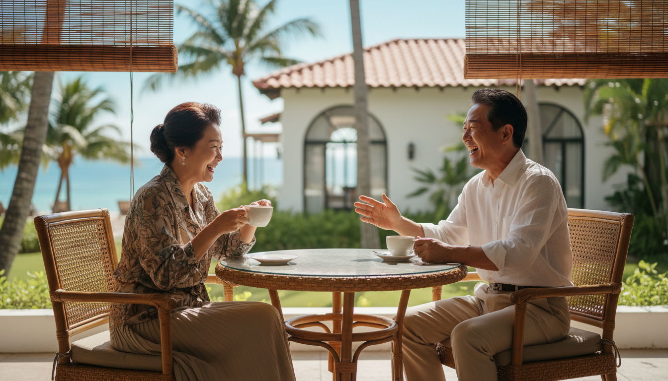 신NISA. 햇살이 좋은 리조트에서 여유롭게 커피를 즐기며 환하게 웃고 있는 60대 한국인 부부, 따뜻하고 편안한 분위기, 라이프스타일 사진.