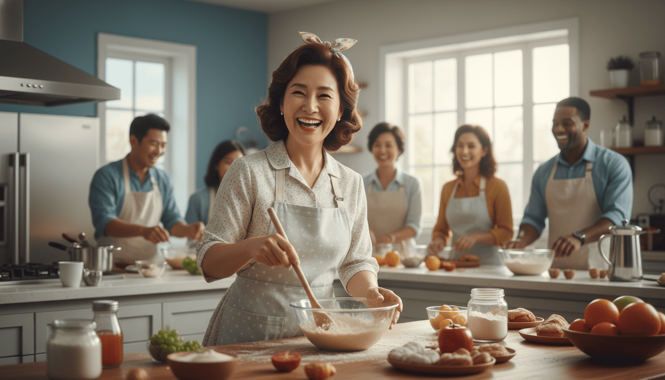 모던한 주방에서 베이킹 쿠킹 클래스에 참여하며 환하게 웃고 있는 50대 한국인 여성, 활기차고 성취감 있는 라이프스타일.